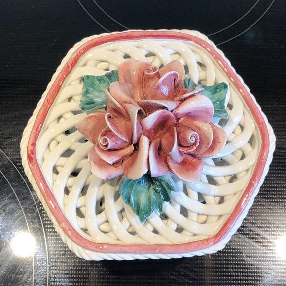 Vintage Italian Ceramic Reticulated Covered Dish  Pink/White - Picture 3 of 14